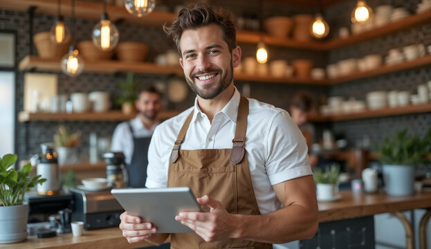 Smiling young male cafe entrepreneur wearing casual clothes and apron while holding tablet in his cafe