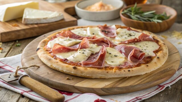 Delicious brie and prosciutto pizza served on a wooden board in a rustic kitchen setting