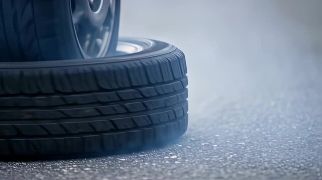 Close-up of car tires smoking and spinning on asphalt, showing car performance and power