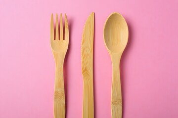Wooden Spoon Fork Knife on Pink Background