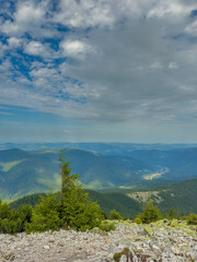 Fototapeta premium Sunny Carpathian peaks: green valleys and crystal clear skies.
