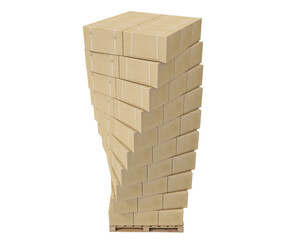 Vertical stack of cardboard boxes on pallet arranged in spiral formation. Isolated on a transparent background. 3D illustration