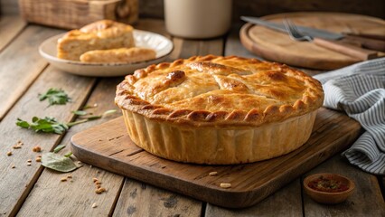 Freshly baked bri on rustic wooden table with garnishes and side dish in a cozy kitchen setting