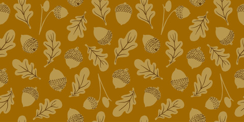 Acorns and oak tree leaves seamless pattern. Autumn, fall season wallpaper, background in autumnal, warm, cozy colours. Fabric, paper design.