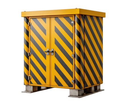 Yellow black striped safety storage container, industrial emergency equipment shelter, secure metal structure for hazardous material, outdoor warning shed, isolated on transparency background