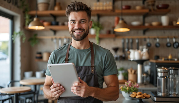 Smiling young male cafe entrepreneur wearing casual clothes and apron while holding tablet in his cafe