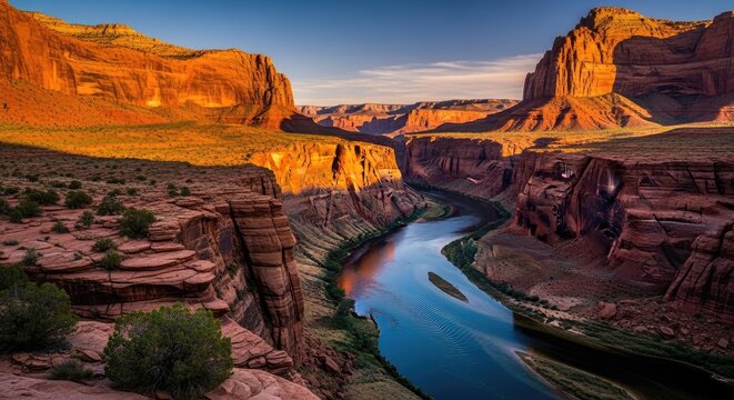 Majestic Horseshoe Bend with the emerald green Colorado River winding through the stunning canyon at sunset - Powered by Adobe