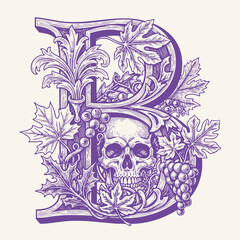 Fototapeta premium Ornamental skull illustration surrounded by intricate leaves, ferns, ivy, and vintage scrollwork, blending gothic and botanical elements.