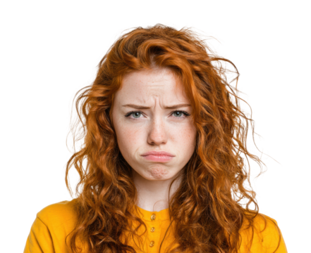 Frustrated young woman expressing emotion portrait isolated on transparent background