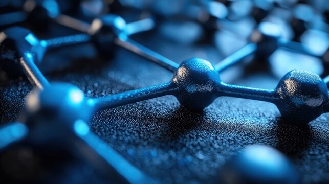 Close-up view of a complex molecular structure.  Dark blue spheres connected by dark blue rods, forming a lattice pattern.  Depth of field focuses on the central section