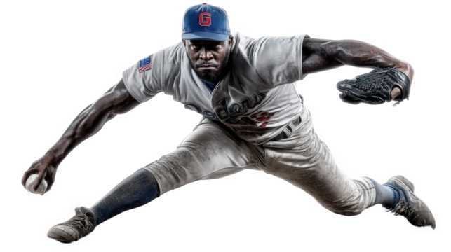 Baseball pitcher in midthrow, wearing a vintage uniform and cap, isolated on transparent background