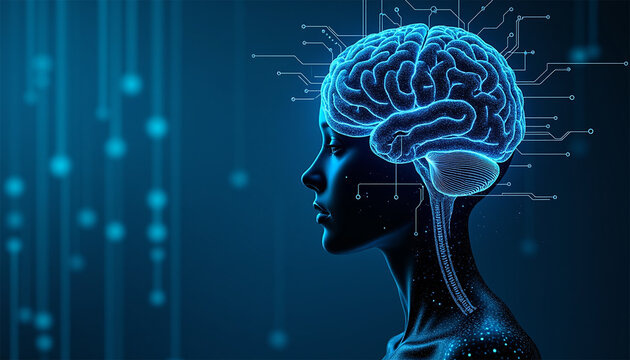 artificial intelligence AI brain blue circuits technology digital profile