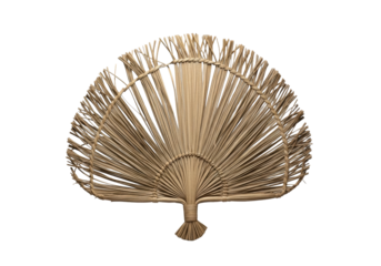 A traditional, hand-woven palm leaf fan with broken strands and a frayed edge, isolated on a transparent studio background with soft shadow, showcasing its delicate texture. Concept of craftsmanship