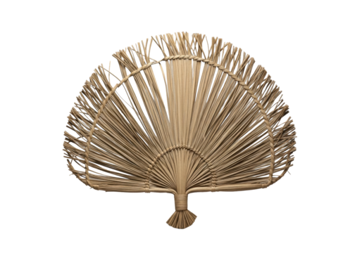 A traditional, hand-woven palm leaf fan with broken strands and a frayed edge, isolated on a transparent studio background with soft shadow, showcasing its delicate texture. Concept of craftsmanship