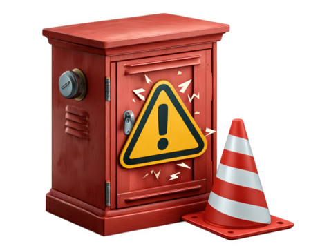 Red emergency signal box with warning sign and striped safety cone, isolated on transparency background, symbolizing alert, caution, and safety equipment in public or industrial area