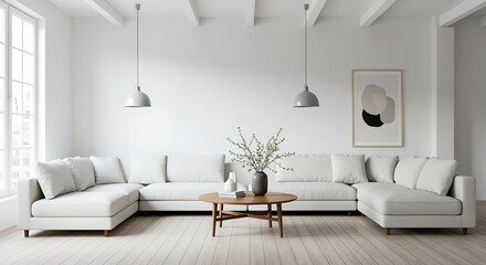 Bright and Spacious Modern Living Room with White Sectional Sofa and Minimalist Decor for a Relaxing Atmosphere