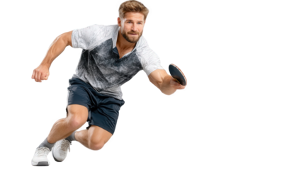 Table tennis player in action with racket and ball isolated on transparent background
