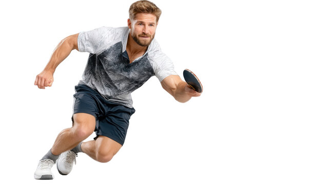 Table tennis player in action with racket and ball isolated on transparent background