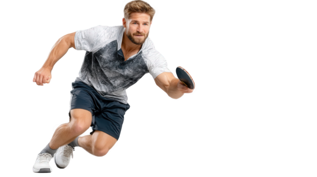 Table tennis player in action with racket and ball isolated on transparent background