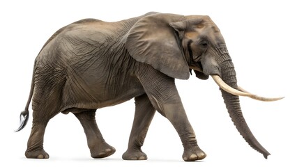 Obraz premium Majestic african elephant walking with tusks against white background.