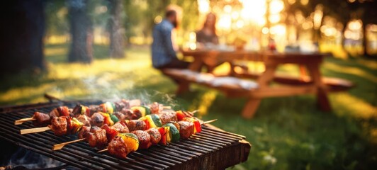 The Skewers Sizzling on a Grill at a Sunny Outdoor Picnic with Friends