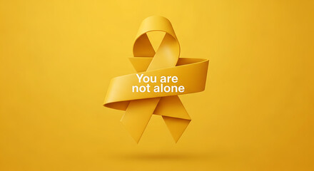 A yellow ribbon with the words you are not alone on a yellow background symbolizing hope and support © Luis