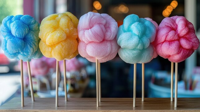 Colorful cotton candy treats on wooden display - Powered by Adobe