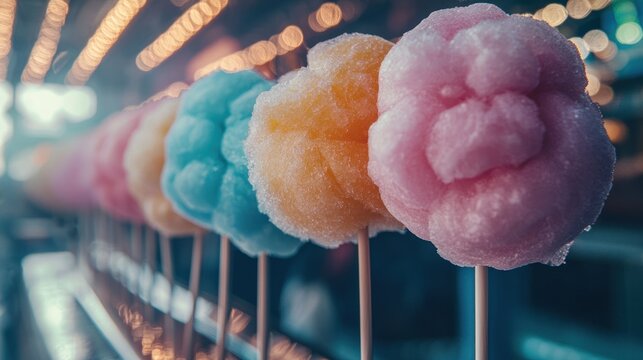 Colorful cotton candy on sticks in a row. Blurred background of lights