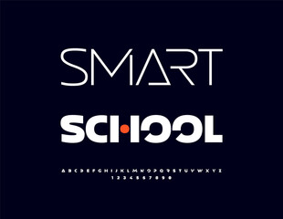 Fototapeta premium Vector Modern emblem Smart School. Abstract Digital Font. White Minimal Alphabet Letters and Numbers set.