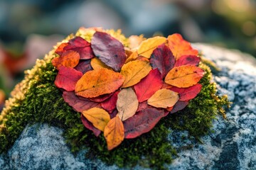 Autumn leaves arranged in a heart shape on mossy rock, showcasing vibrant fall colors.