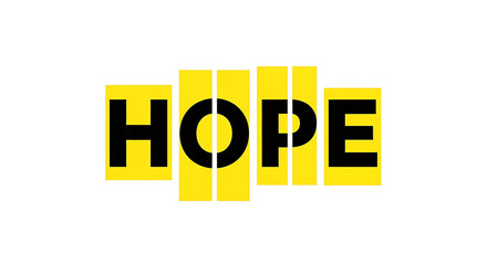 The word hope spelled out with black letters on yellow rectangles against a white background