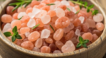 Pink Himalayan Salt Crystals in Wooden Bowl with Fresh Rosemary Sprigs