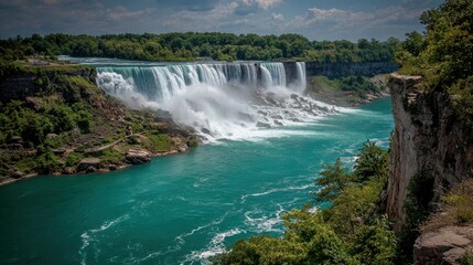 Fototapeta premium Powerful Niagara Falls cascading into turquoise water, lush greenery surrounds