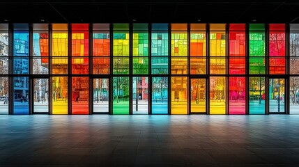 Colorful stained glass facade reflecting city