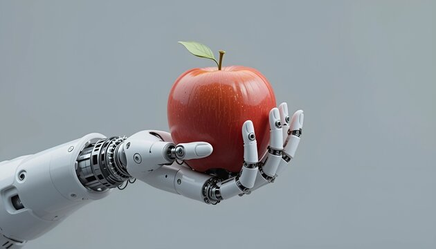  A white robotic hand gently holds a single red apple with a green leaf, representing themes of artificial intelligence in agriculture, futuristic technology, and the intersection of nature and roboti