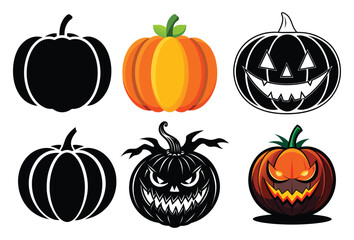 set of eight carved halloween pumpkins with scary faces, isolated on white background vector illustration