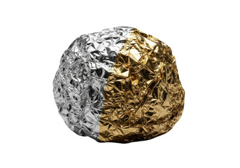 Crumpled Mylar emergency blanket piece, brilliant silver and shimmering gold, thin and crinkly with intricate wrinkles, isolated on a transparent background, soft shadow, precise material study