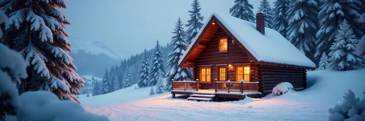A cozy cabin nestled in a snowy winter wonderland, perfect for a relaxing holiday escape Imagine warm fires, hot cocoa, and tranquil snowy landscapes , blue, white