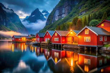 Fototapeta premium Norway's fjord houses glow red and yellow under dramatic night lighting, offering a stunning scenic landscape.