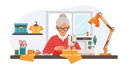 Elderly Woman Sewing with Sewing Machine in Bright Craft Room