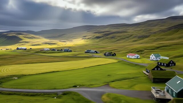 Scenic icelandic village with turf houses and green fields