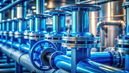 A close-up view of industrial blue piping system with multiple valves and flanges, showcasing intricate details of the metalwork and connections in a technological setting.