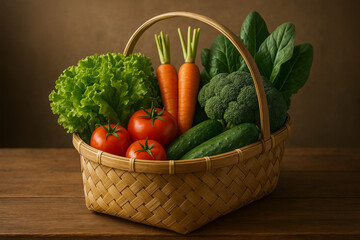 Fresh vegetables in woven basket, vibrant and healthy