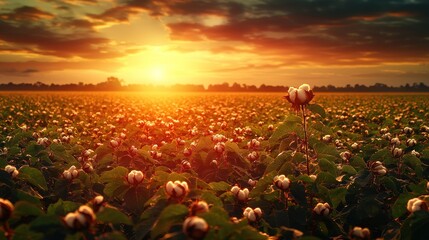 Cotton field at sunset.  Golden light bathes a vast field of cotton plants,  with fluffy white bolls.  Dramatic clouds fill the sky