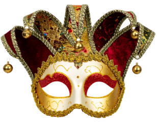  Close-Up of Jester Mask Headpiece with Gold Embroidery and Red Velvet Panels, Isolated on Transparent Background