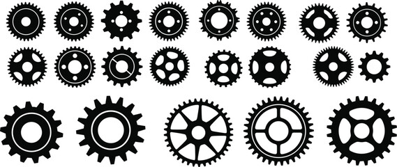 Collection of gear and cogwheel vector silhouettes, mechanical wheels for industrial, steampunk, engineering, machinery, or technical design and decoration purposes