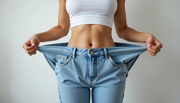 A young woman with a slim waistline shows off her successful weight loss by holding her now-oversized jeans, perfect for themes of fitness, healthy lifestyle, diet, and body transformation