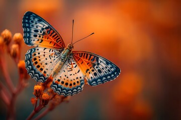 A close-up of a vivid butterfly perched on a flower stem, the orange background creating a striking contrast with its intricate wings.