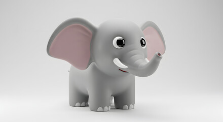 Cute 3D cartoon elephant toy, with big eyes and a trunk, isolated on a white background, perfect for children's educational materials and designs