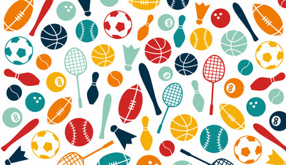 Sports pattern with colorful balls rackets bats and equipment in flat style creating a playful athletic design for fabric wallpaper and wrapping paper